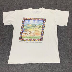 Vintage 90s Horses Native American Indians‎ White Tee Size Large